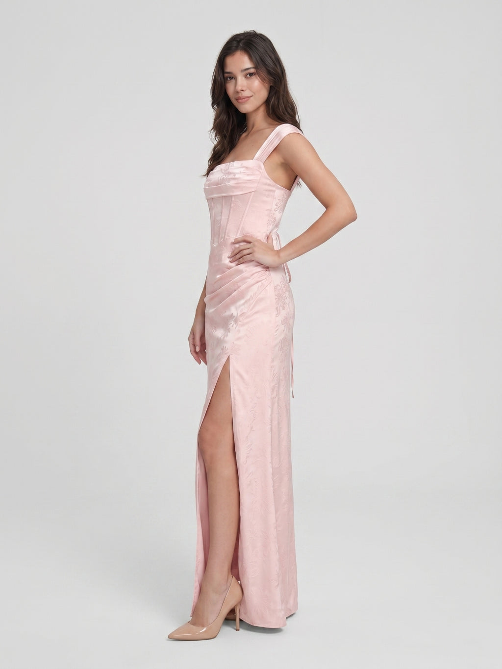 Blushing Pink Jacquard Sheath Lace-Up Back Floor-Length Wedding Guest Dress with Pleating