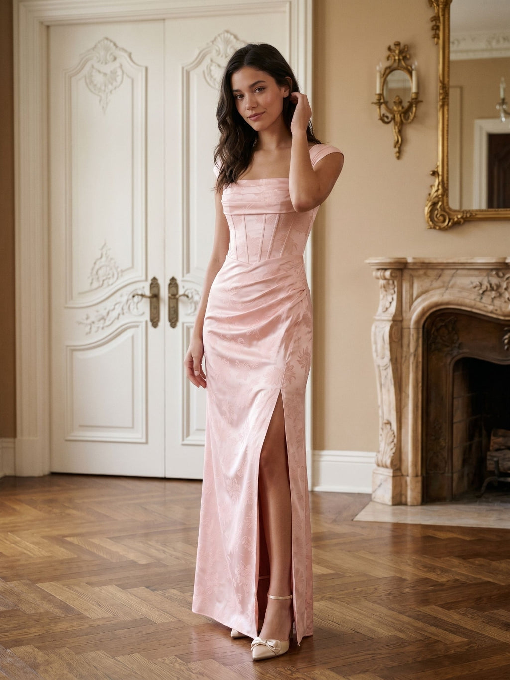 Blushing Pink Jacquard Sheath Lace-Up Back Floor-Length Wedding Guest Dress with Pleating