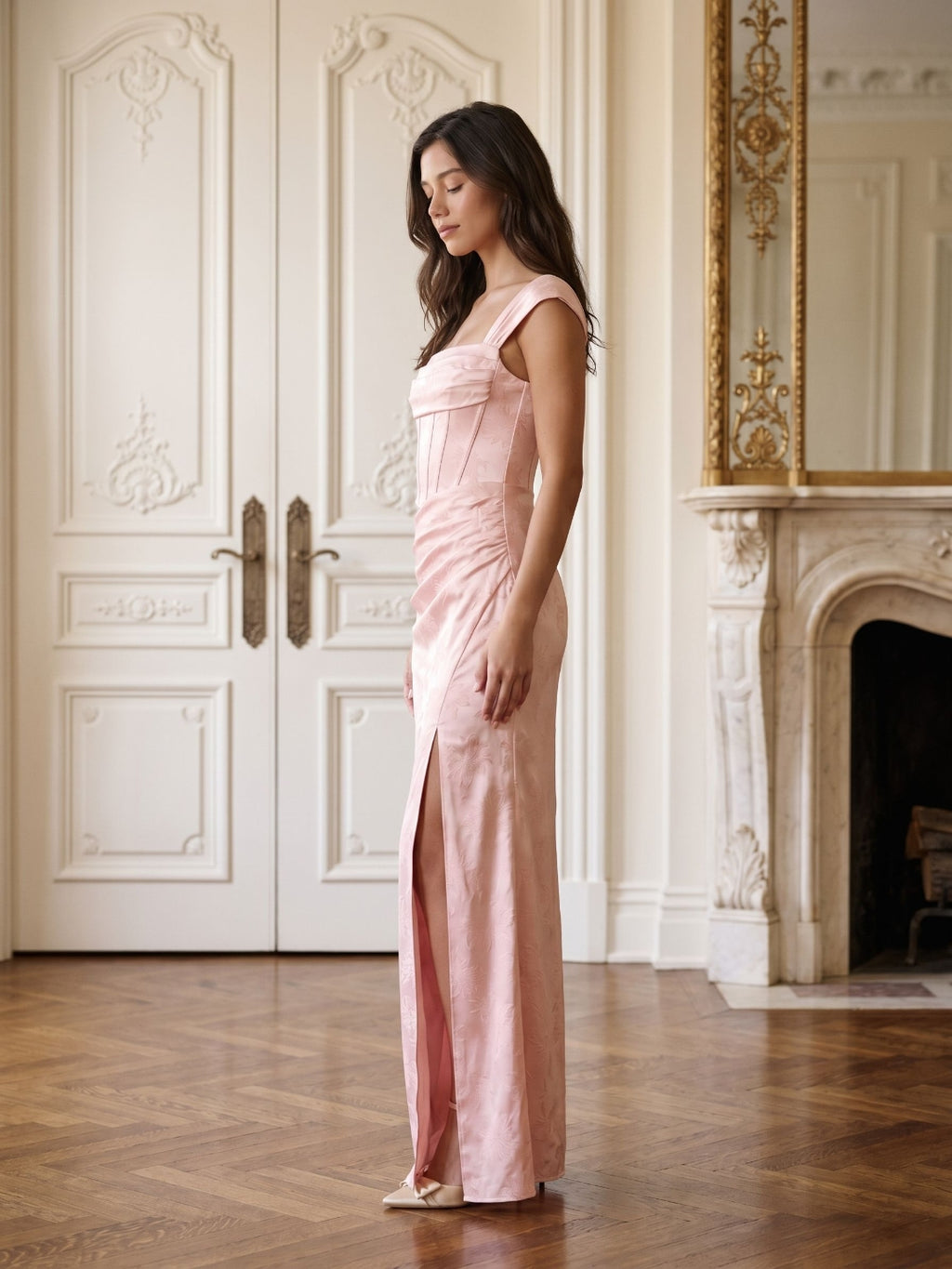 Blushing Pink Jacquard Sheath Lace-Up Back Floor-Length Wedding Guest Dress with Pleating