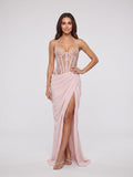 Blushing Pink Lace & Satin Sheath Halter neckline Lace-up Floor-Length Dress