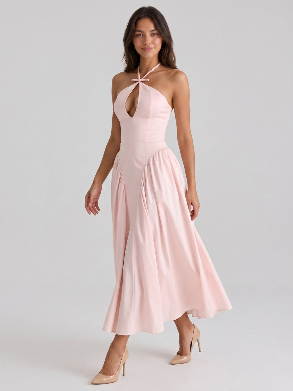 Blushing Pink Matte Satin A-Line Halter Back Zip Tea-Length Birthday Dress