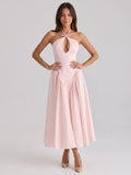 Blushing Pink Matte Satin A-Line Halter Back Zip Tea-Length Birthday Dress