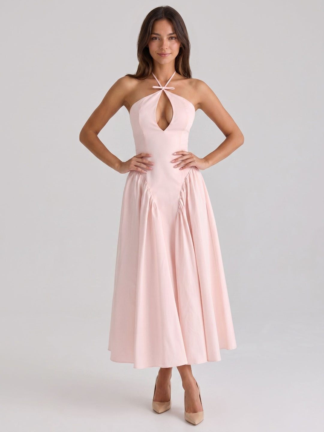 Blushing Pink Matte Satin A-Line Halter Back Zip Tea-Length Birthday Dress