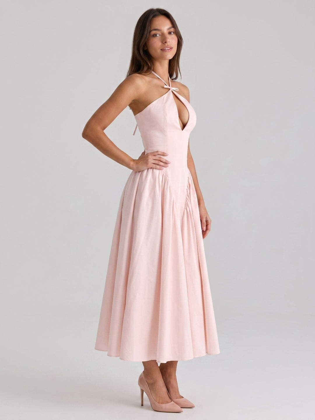 Blushing Pink Matte Satin A-Line Halter Back Zip Tea-Length Birthday Dress