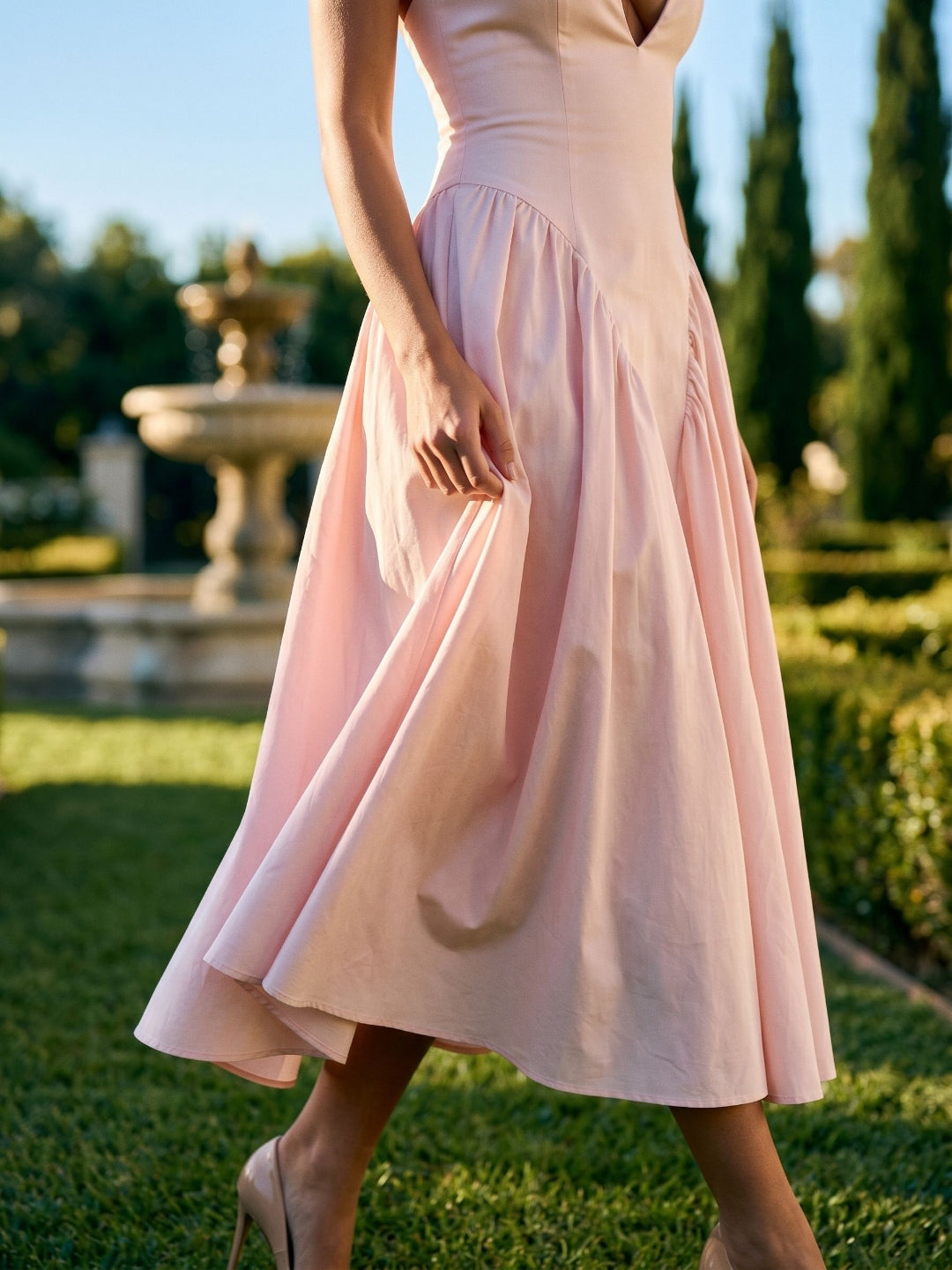 Blushing Pink Matte Satin A-Line Halter Back Zip Tea-Length Birthday Dress