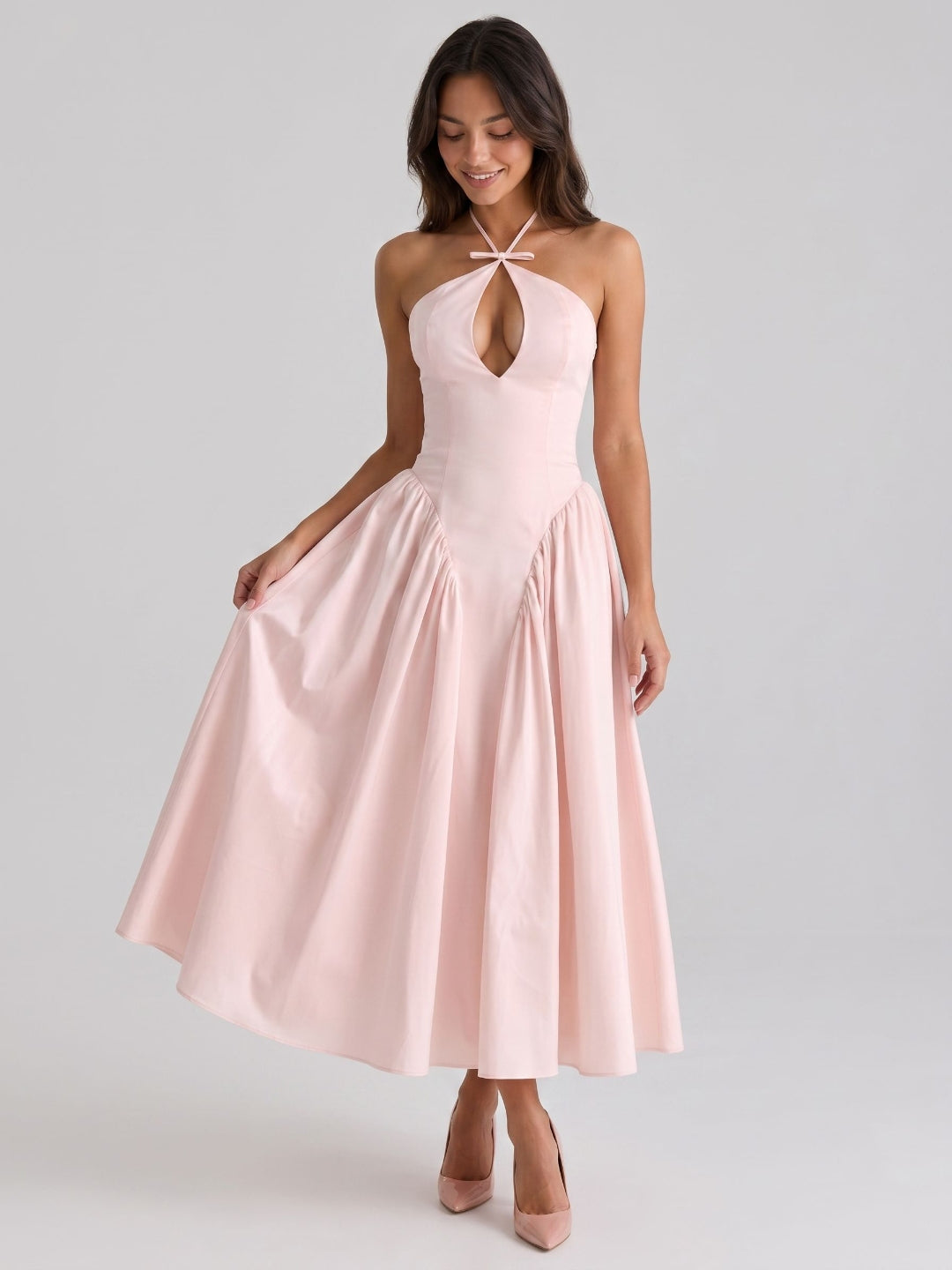 Blushing Pink Matte Satin A-Line Halter Back Zip Tea-Length Birthday Dress