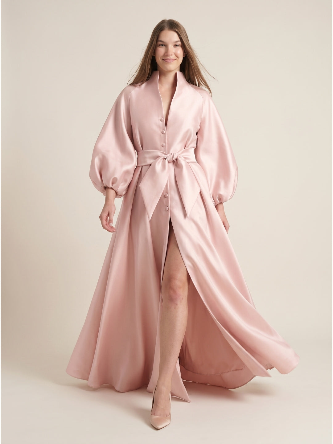 Blushing Pink Matte Satin A-Line V-Neck Lace-Up Back Floor-Length Evening Gown
