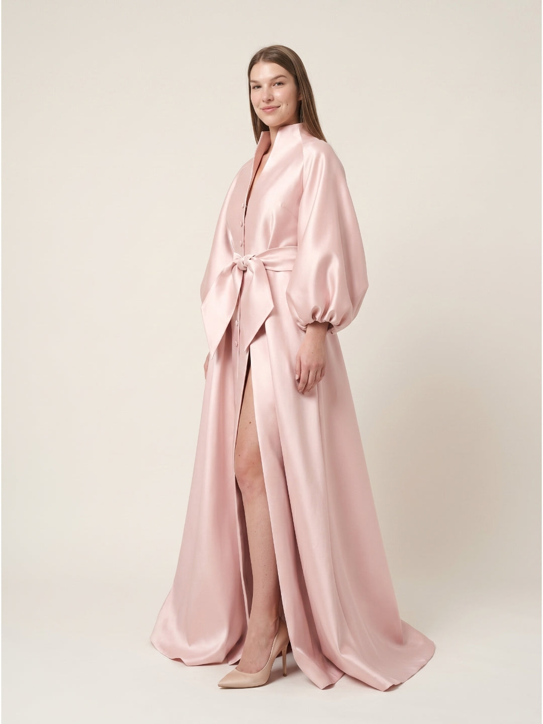 Blushing Pink Matte Satin A-Line V-Neck Lace-Up Back Floor-Length Evening Gown