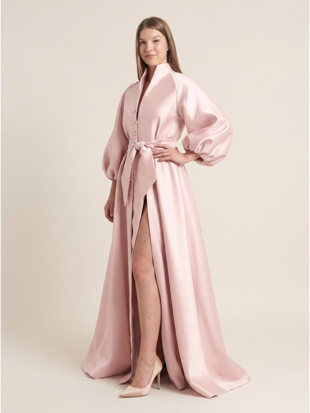 Blushing Pink Matte Satin A-Line V-Neck Lace-Up Back Floor-Length Evening Gown