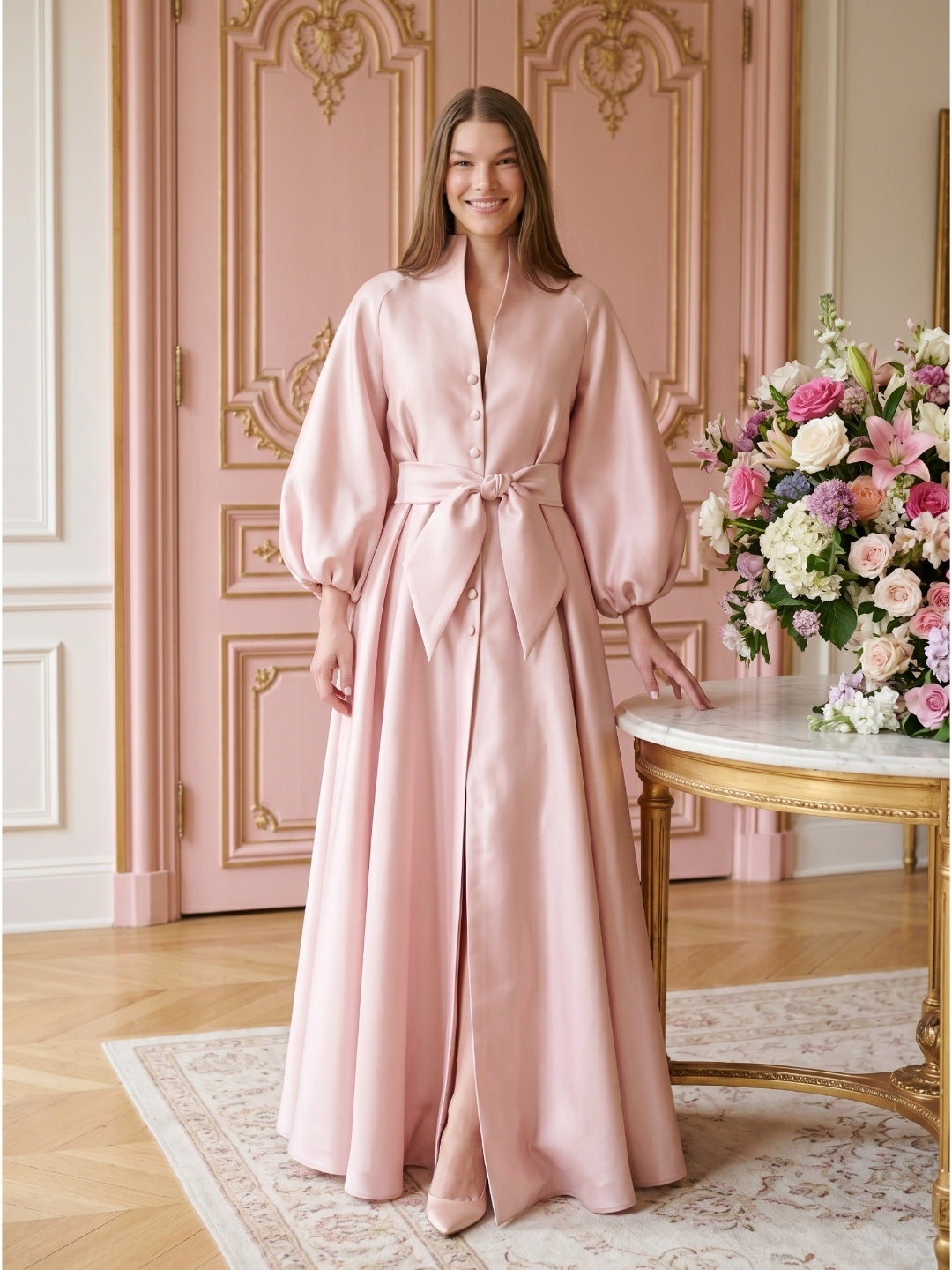 Blushing Pink Matte Satin A-Line V-Neck Lace-Up Back Floor-Length Evening Gown