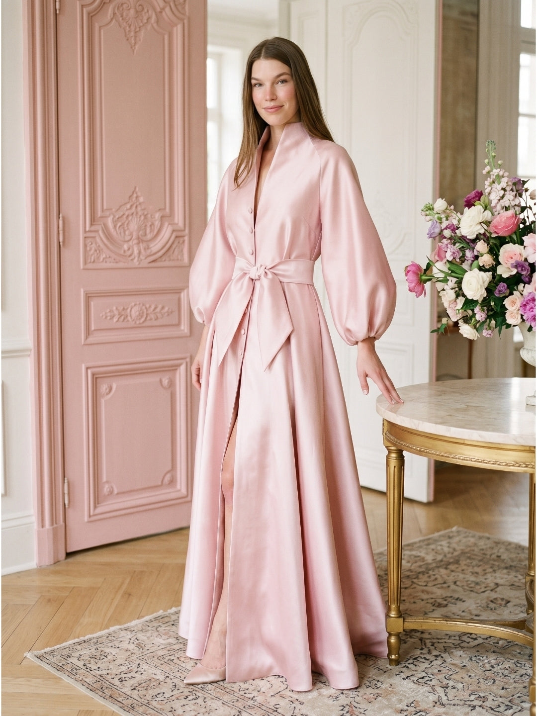 Blushing Pink Matte Satin A-Line V-Neck Lace-Up Back Floor-Length Evening Gown