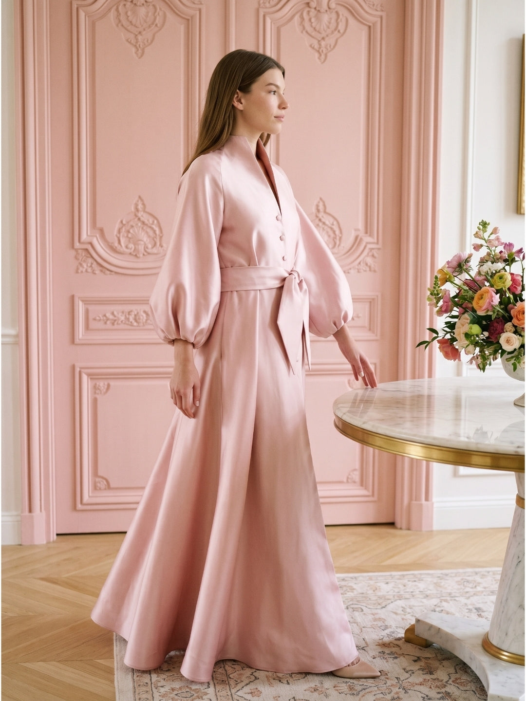 Blushing Pink Matte Satin A-Line V-Neck Lace-Up Back Floor-Length Evening Gown