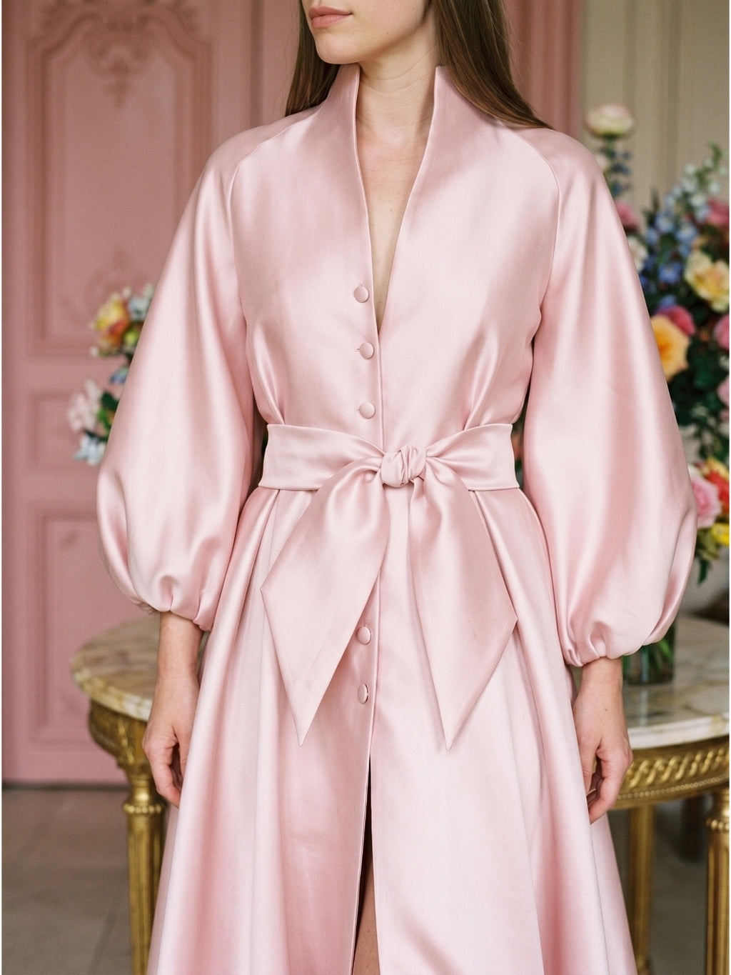 Blushing Pink Matte Satin A-Line V-Neck Lace-Up Back Floor-Length Evening Gown
