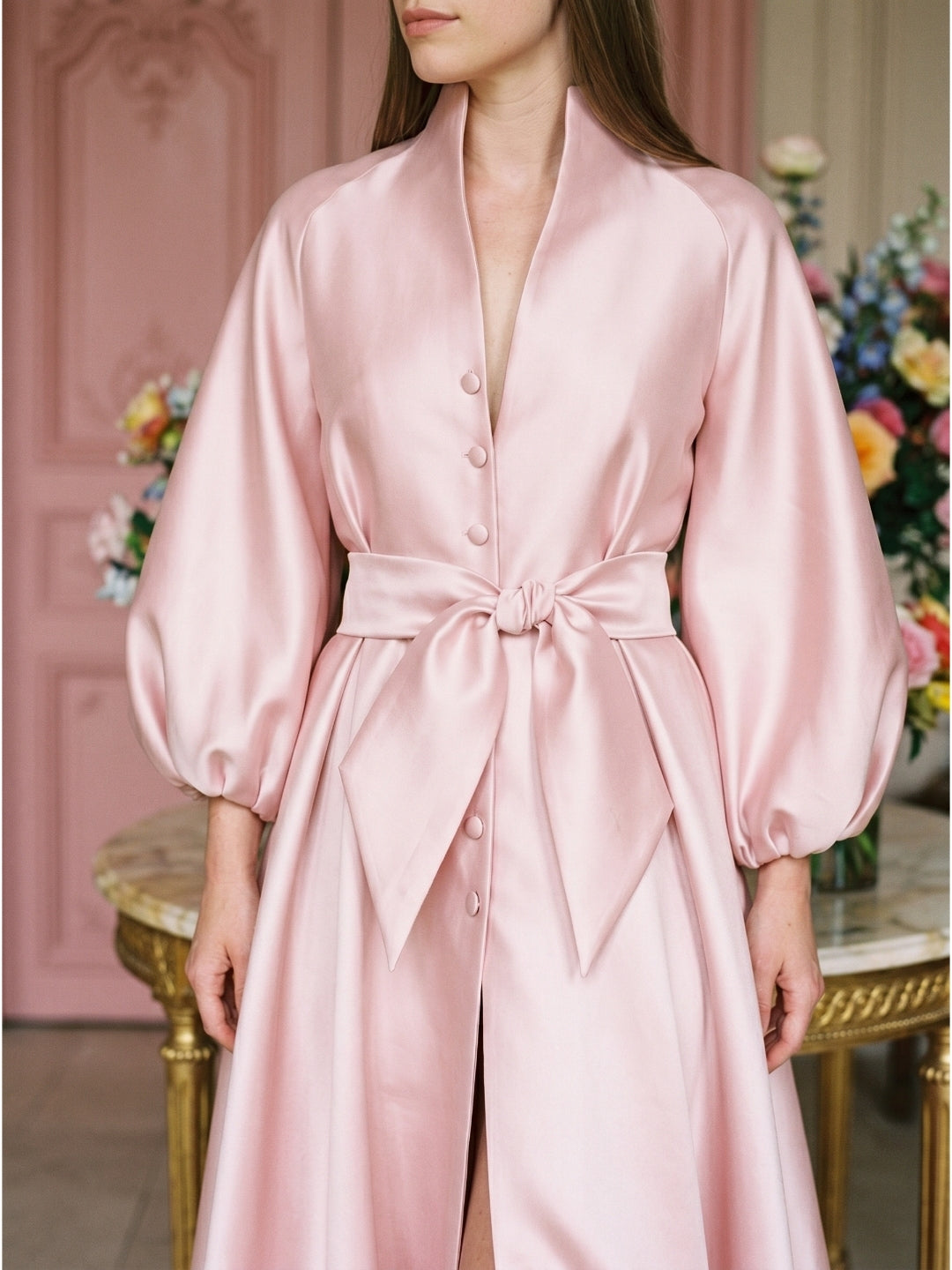 Blushing Pink Matte Satin A-Line V-Neck Lace-Up Back Floor-Length Evening Gown