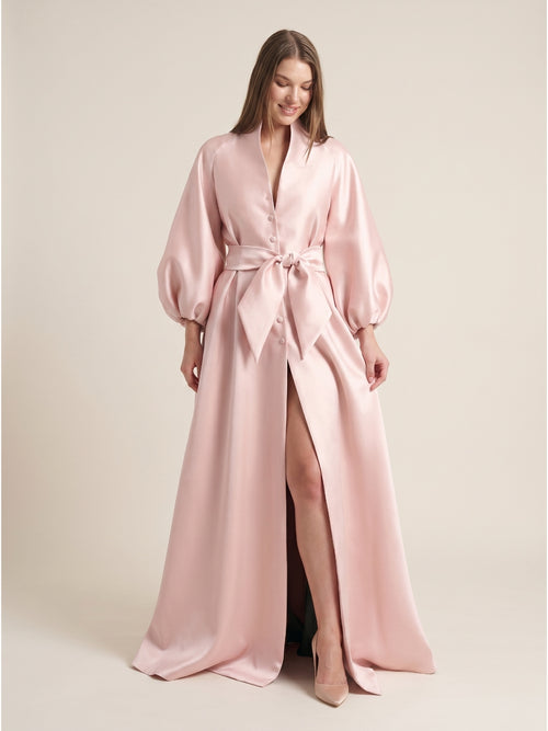 Blushing Pink Matte Satin A-Line V-Neck Lace-Up Back Floor-Length Evening Gown