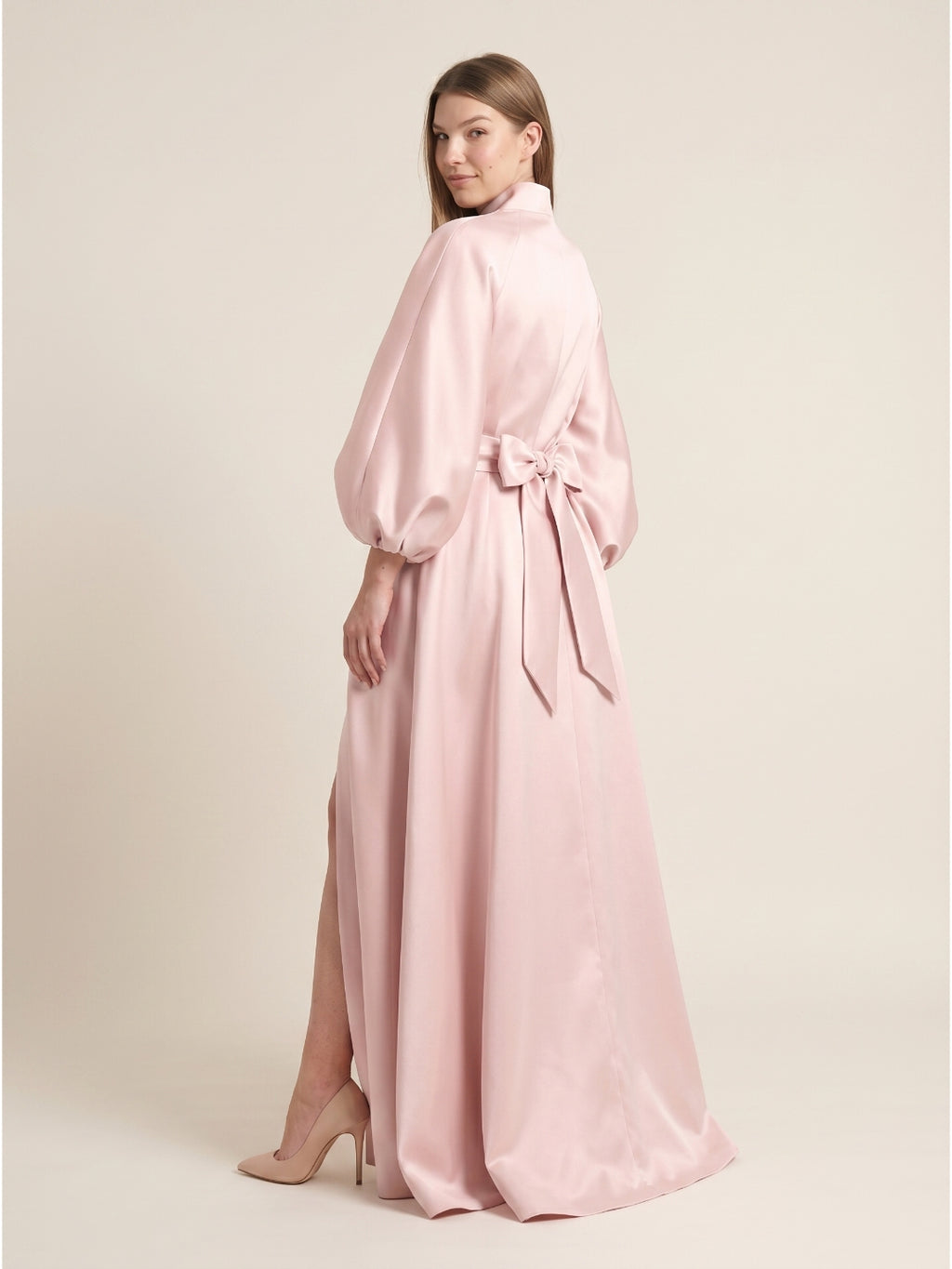 Blushing Pink Matte Satin A-Line V-Neck Lace-Up Back Floor-Length Evening Gown