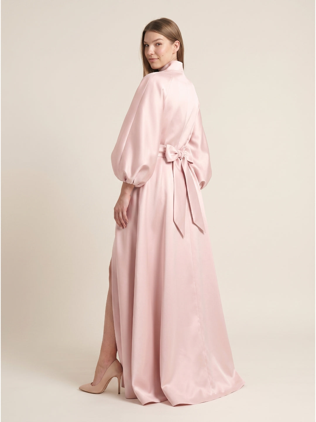 Blushing Pink Matte Satin A-Line V-Neck Lace-Up Back Floor-Length Evening Gown