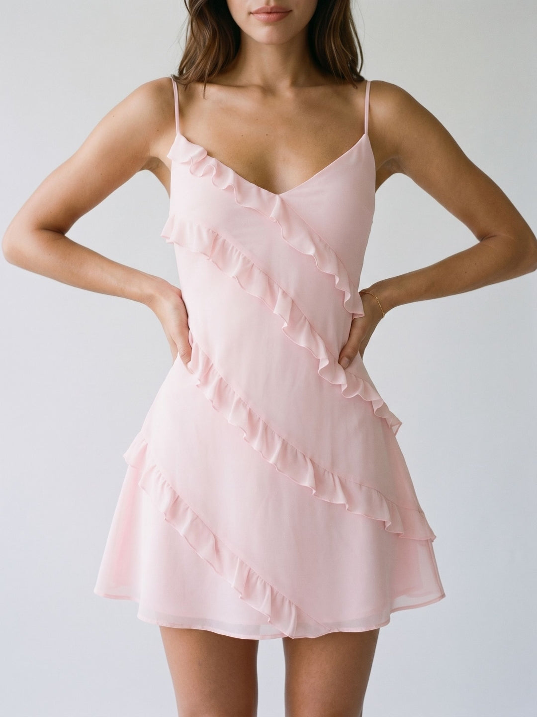 Blushing Pink Matte Satin Sheath V-Neck Backless Short Dress with Cascading Ruffles