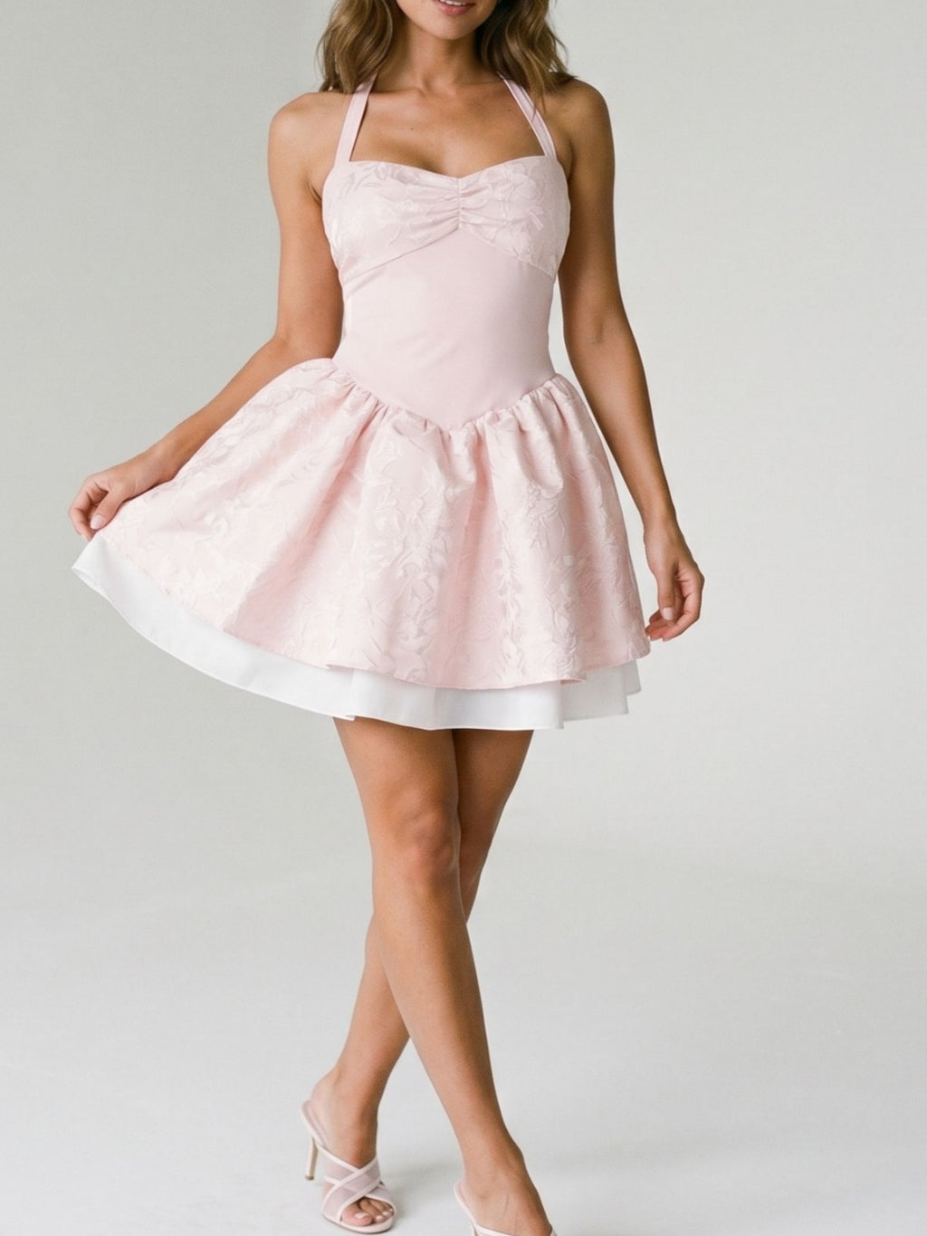 Blushing Pink Satin A-Line Halter Neckline Backless Short Homecoming Dress with Pleating