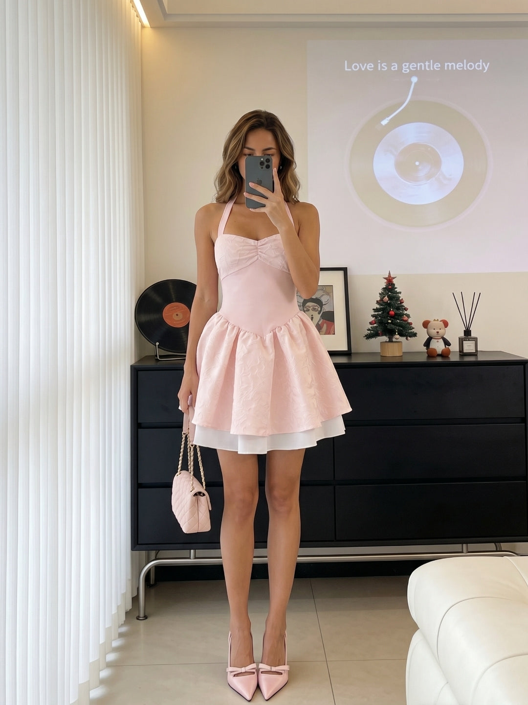 Blushing Pink Satin A-Line Halter Neckline Backless Short Homecoming Dress with Pleating