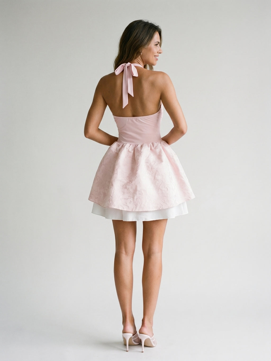 Blushing Pink Satin A-Line Halter Neckline Backless Short Homecoming Dress with Pleating
