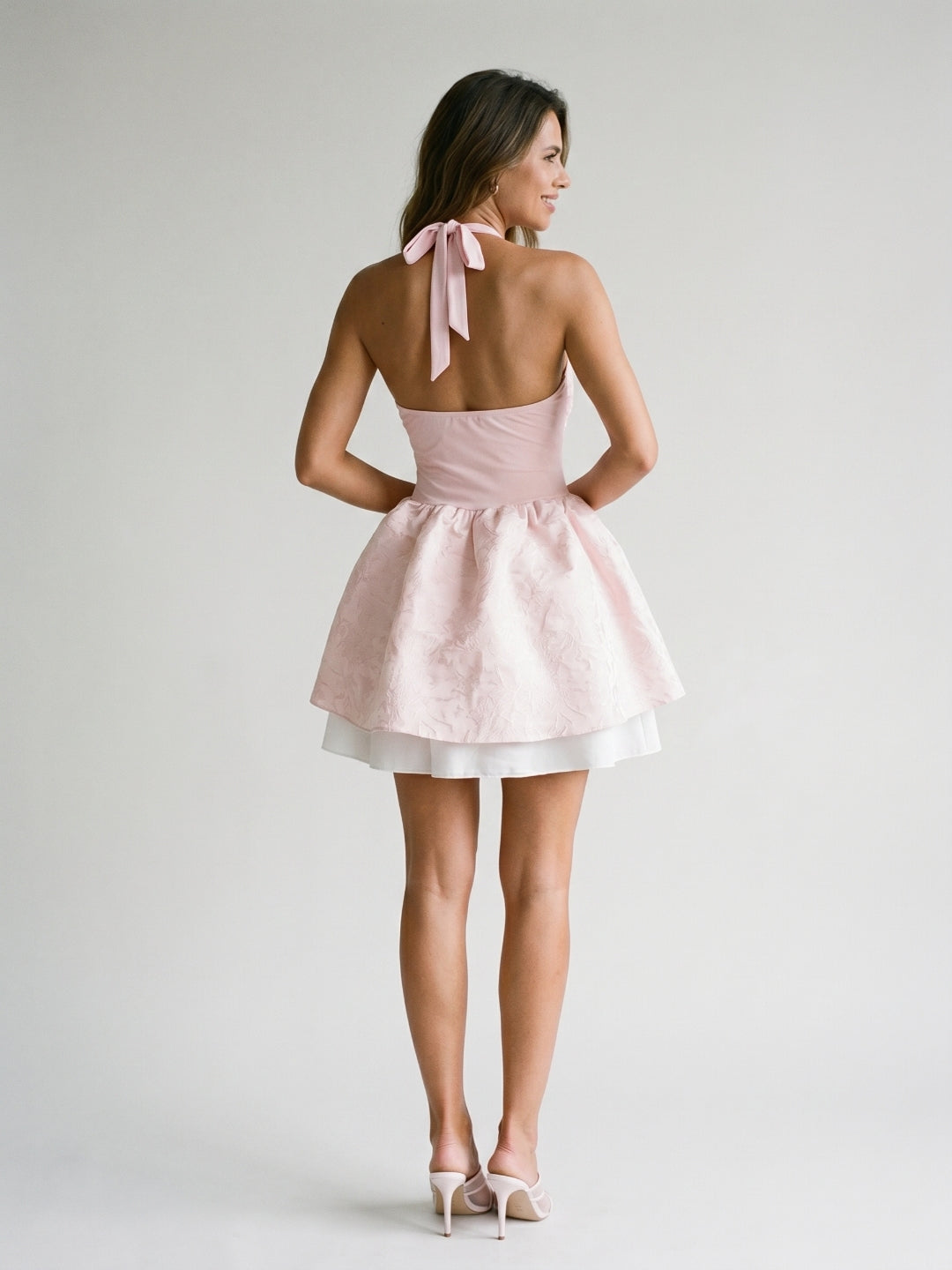 Blushing Pink Satin A-Line Halter Neckline Backless Short Homecoming Dress with Pleating