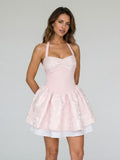 Blushing Pink Satin A-Line Halter Neckline Backless Short Homecoming Dress with Pleating