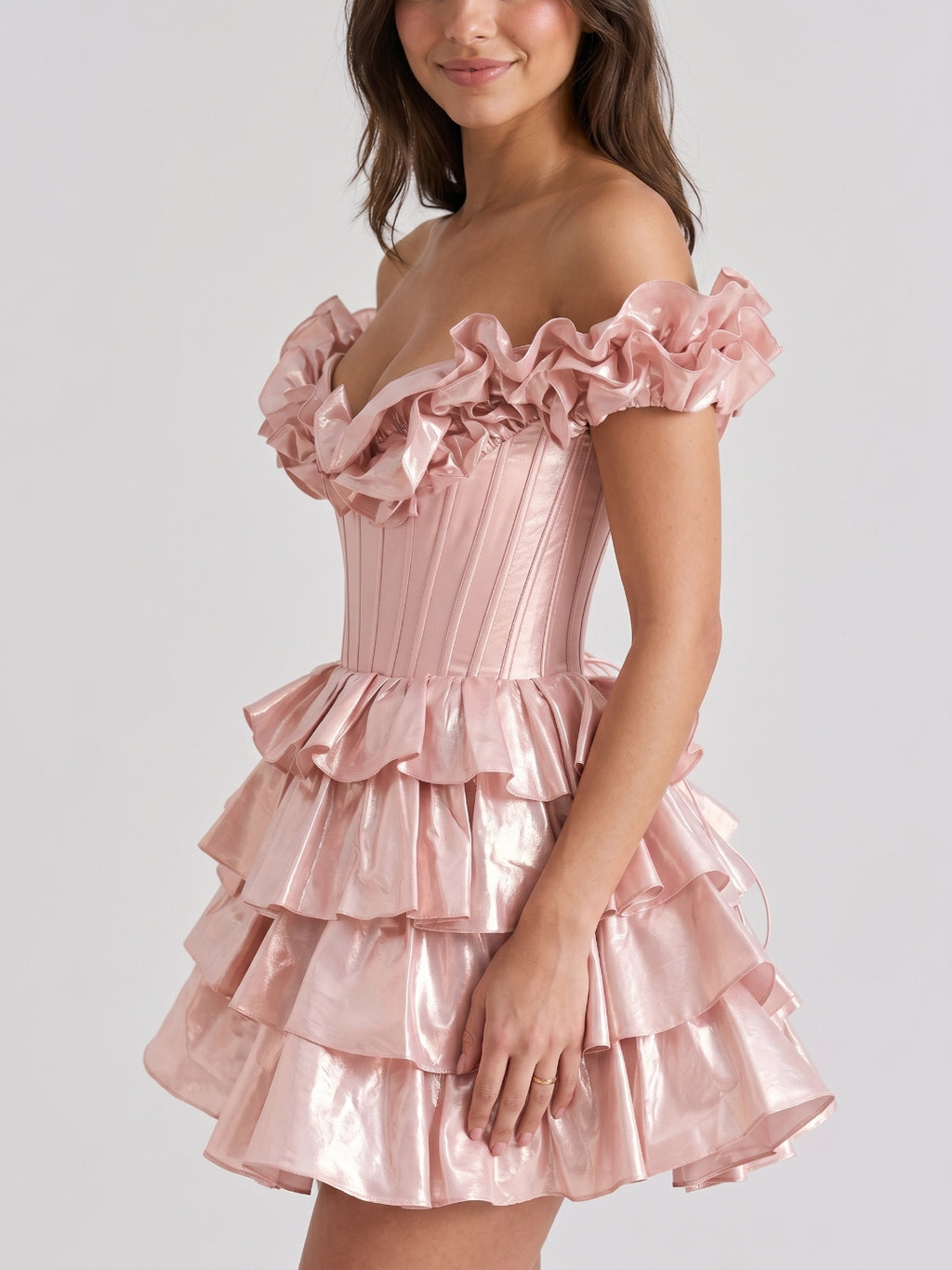 Blushing Pink Satin A-Line Off-Shoulder Criss-Cross Short Homecoming Dress with Ruffles