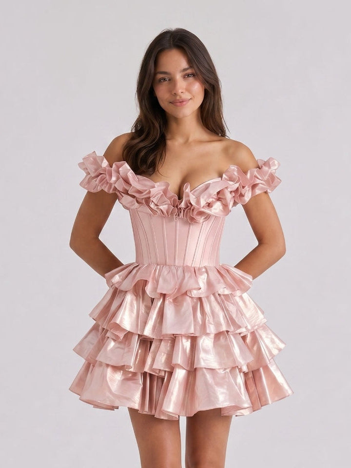 Blushing Pink Satin A-Line Off-Shoulder Criss-Cross Short Homecoming Dress with Ruffles