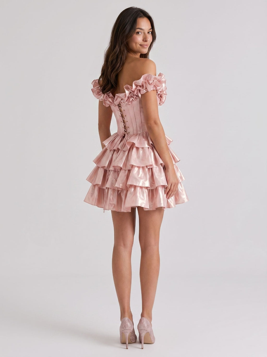 Blushing Pink Satin A-Line Off-Shoulder Criss-Cross Short Homecoming Dress with Ruffles