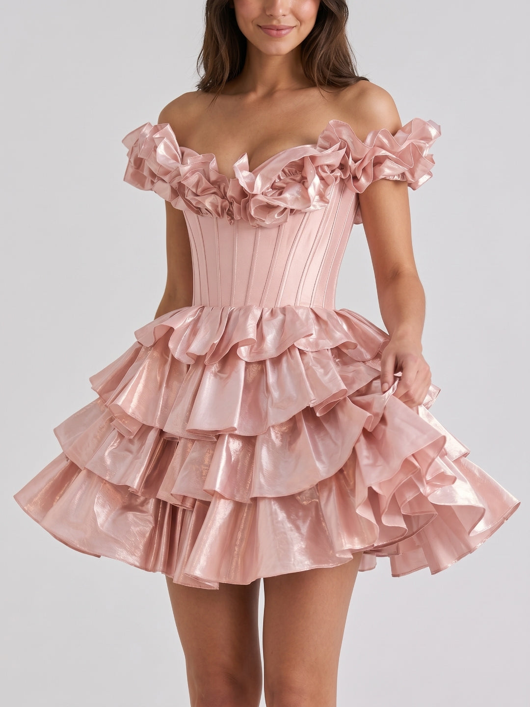 Blushing Pink Satin A-Line Off-Shoulder Criss-Cross Short Homecoming Dress with Ruffles