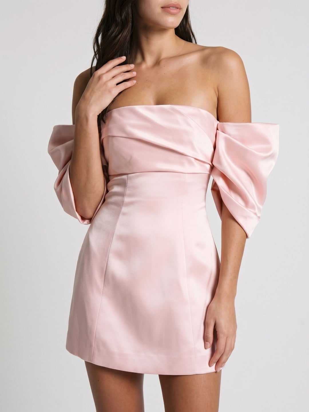 Blushing Pink Satin A-Line Off-the-Shoulder Back Zip Short Dress with Pleating