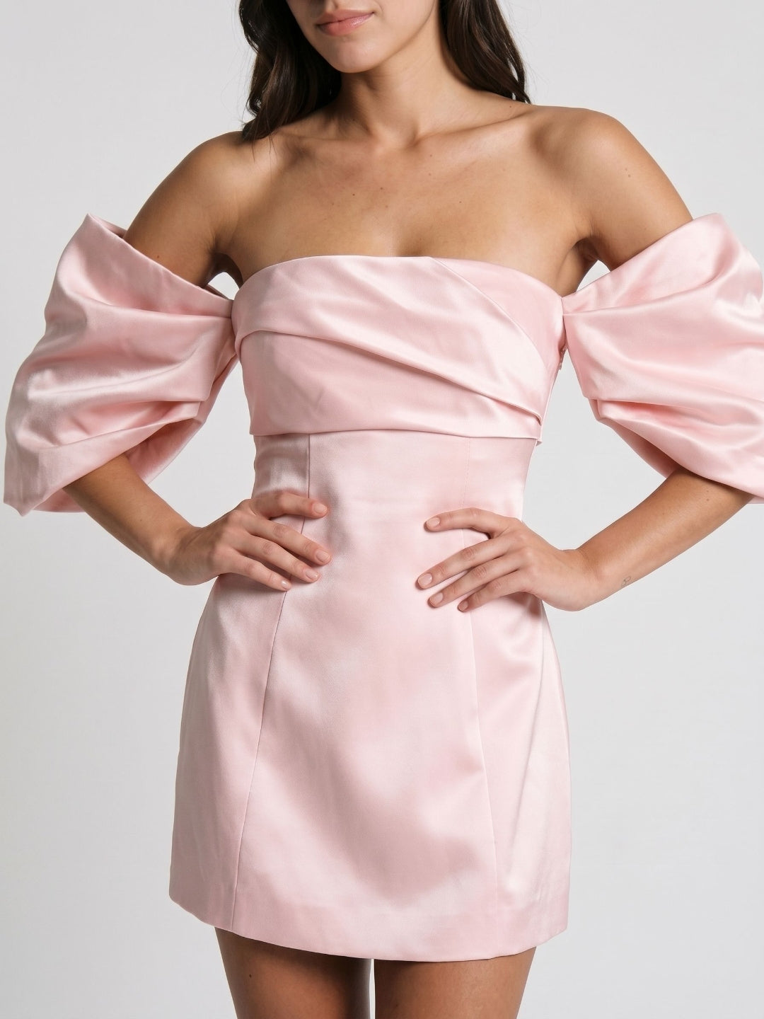 Blushing Pink Satin A-Line Off-the-Shoulder Back Zip Short Dress with Pleating