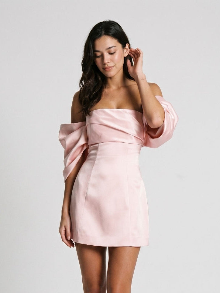 Blushing Pink Satin A-Line Off-the-Shoulder Back Zip Short Dress with Pleating