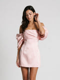 Blushing Pink Satin A-Line Off-the-Shoulder Back Zip Short Dress with Pleating