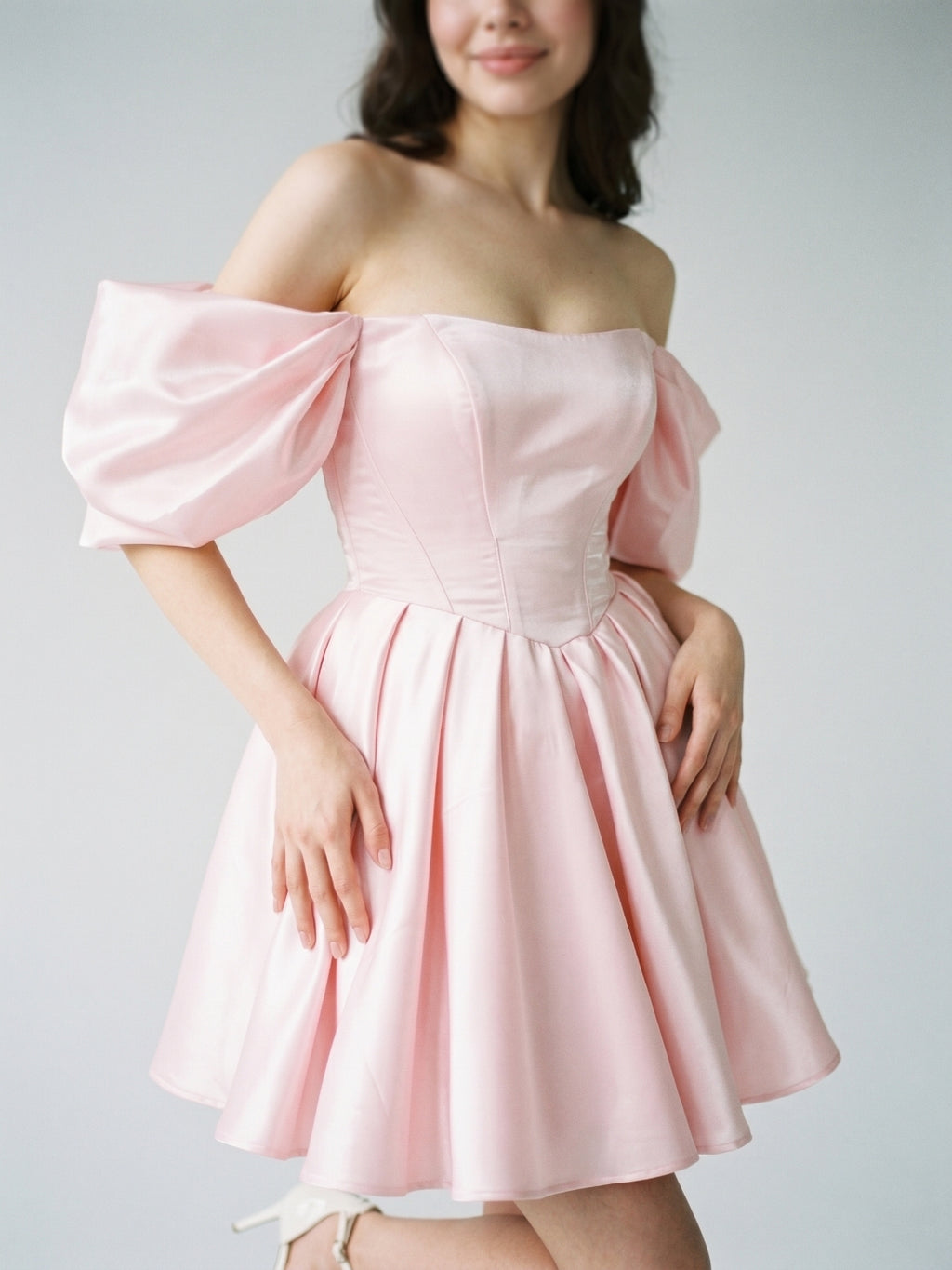 Blushing Pink Satin A-Line Off-the-Shoulder Backless Short Homecoming Dress with Pleating