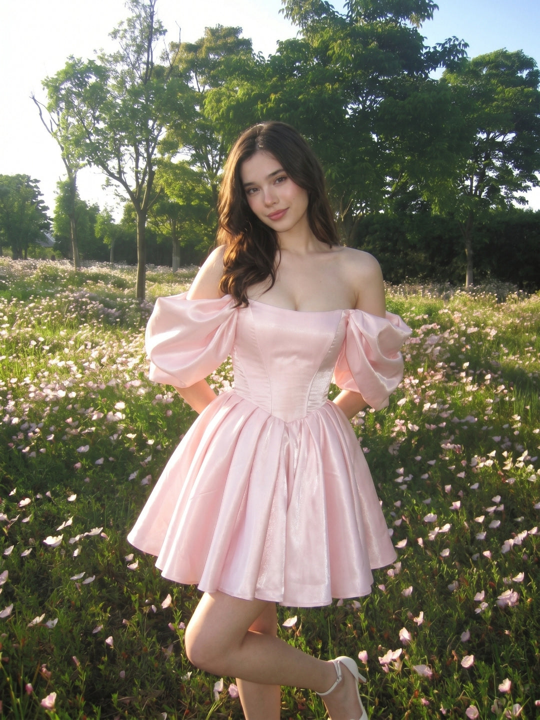 Blushing Pink Satin A-Line Off-the-Shoulder Backless Short Homecoming Dress with Pleating