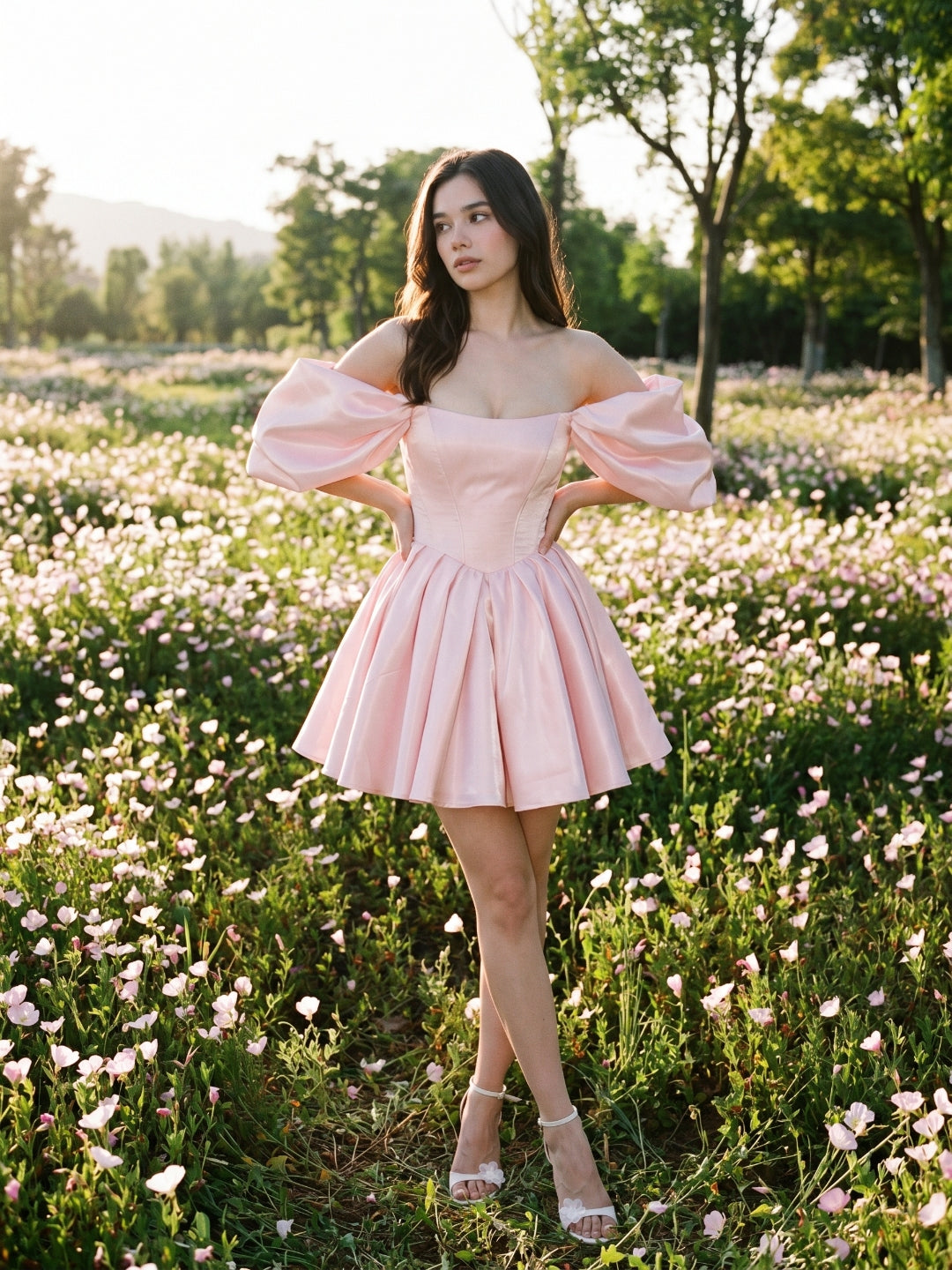 Blushing Pink Satin A-Line Off-the-Shoulder Backless Short Homecoming Dress with Pleating