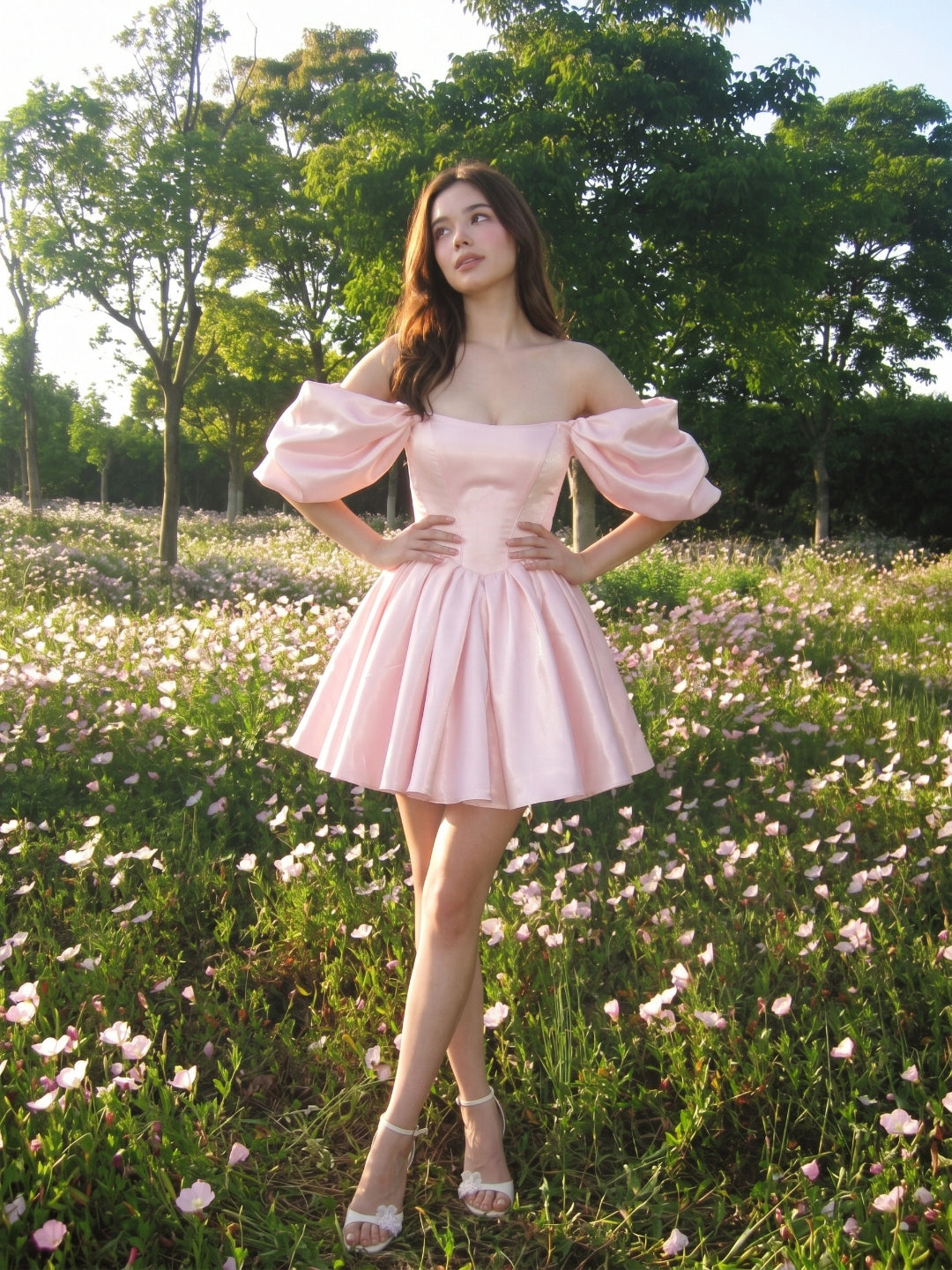 Blushing Pink Satin A-Line Off-the-Shoulder Backless Short Homecoming Dress with Pleating