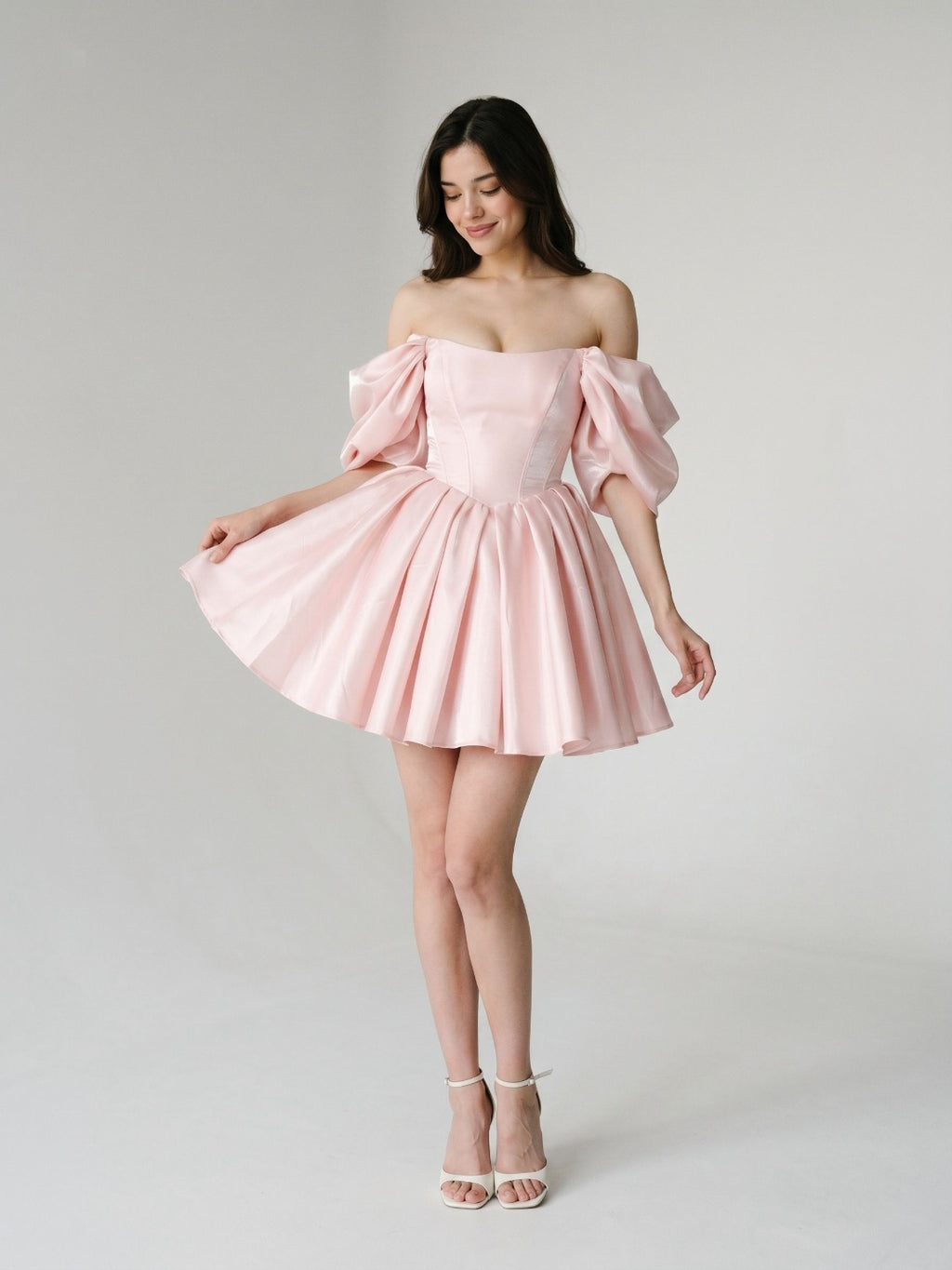 Blushing Pink Satin A-Line Off-the-Shoulder Backless Short Homecoming Dress with Pleating