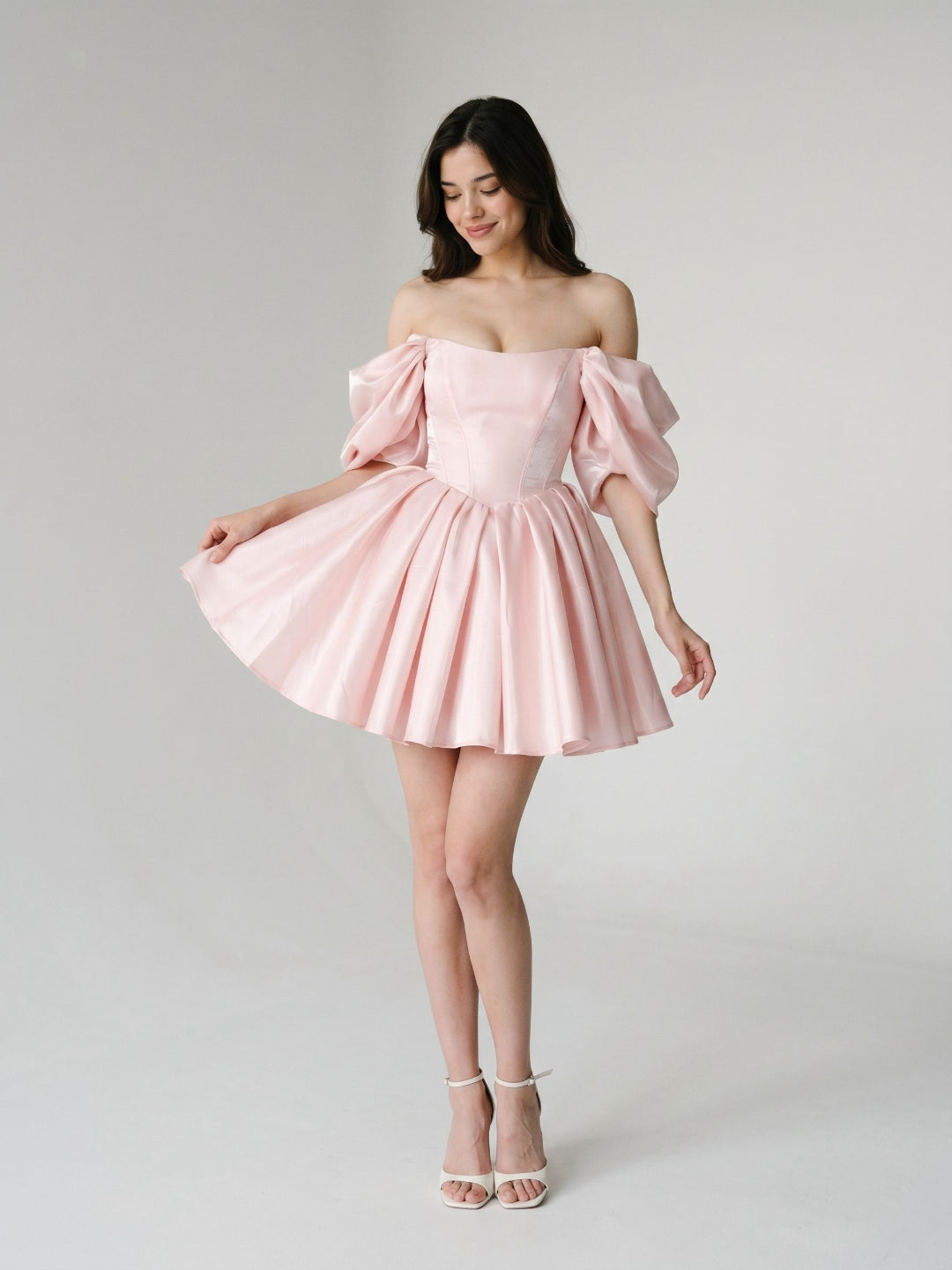 Blushing Pink Satin A-Line Off-the-Shoulder Backless Short Homecoming Dress with Pleating