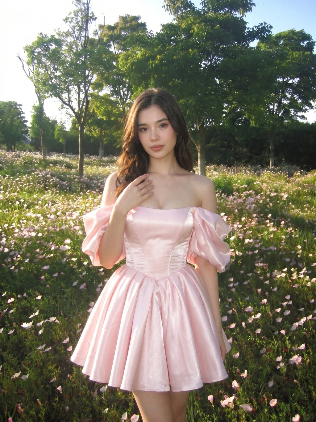Blushing Pink Satin A-Line Off-the-Shoulder Backless Short Homecoming Dress with Pleating