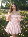 Blushing Pink Satin A-Line Off-the-Shoulder Backless Short Homecoming Dress with Pleating