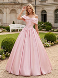 Blushing Pink Satin A-Line Off-the-Shoulder Lace-up Floor-Length Dress