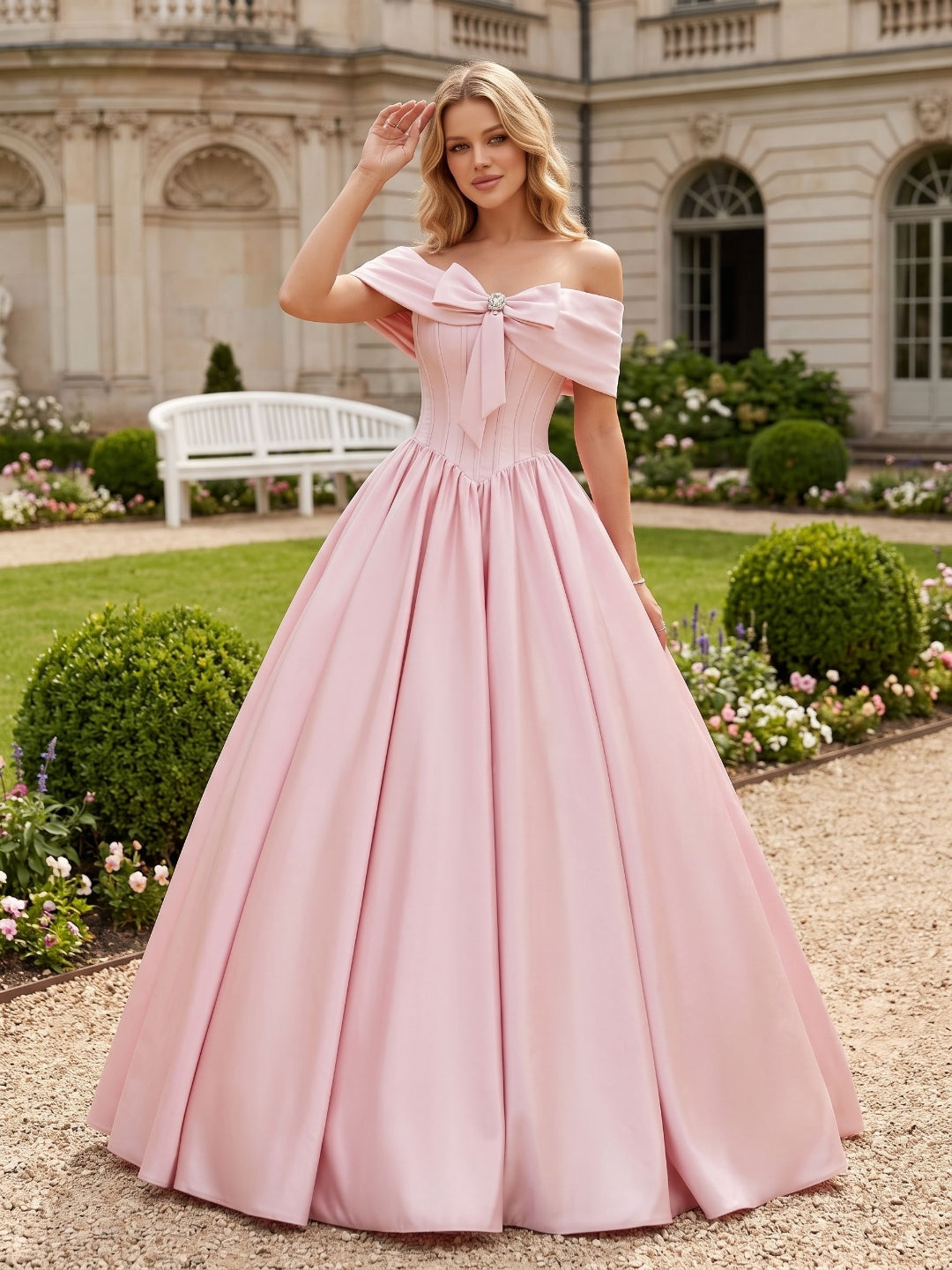 Blushing Pink Satin A-Line Off-the-Shoulder Lace-up Floor-Length Dress