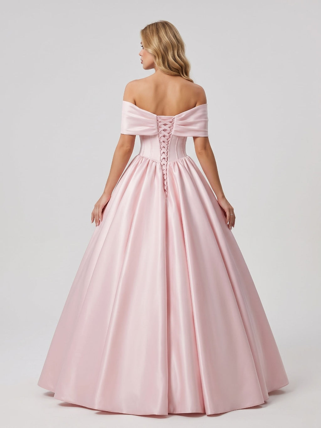 Blushing Pink Satin A-Line Off-the-Shoulder Lace-up Floor-Length Dress