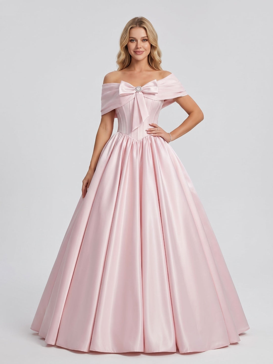 Blushing Pink Satin A-Line Off-the-Shoulder Lace-up Floor-Length Dress
