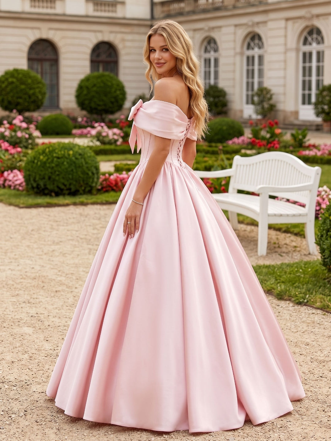 Blushing Pink Satin A-Line Off-the-Shoulder Lace-up Floor-Length Dress