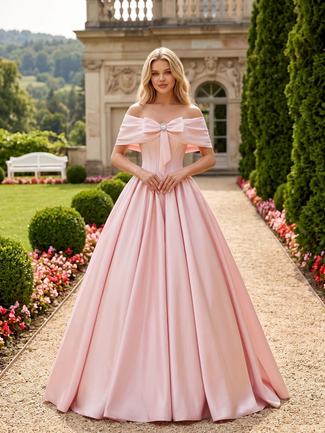 Blushing Pink Satin A-Line Off-the-Shoulder Lace-up Floor-Length Dress