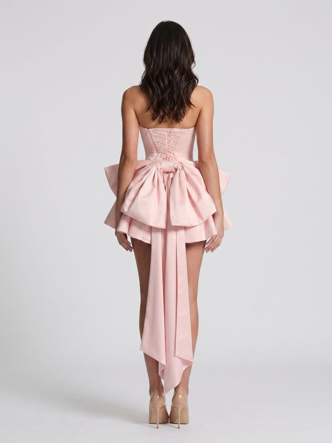Blushing Pink Satin A-Line Scoop Neck Lace-Up Back Short Dress with Bow